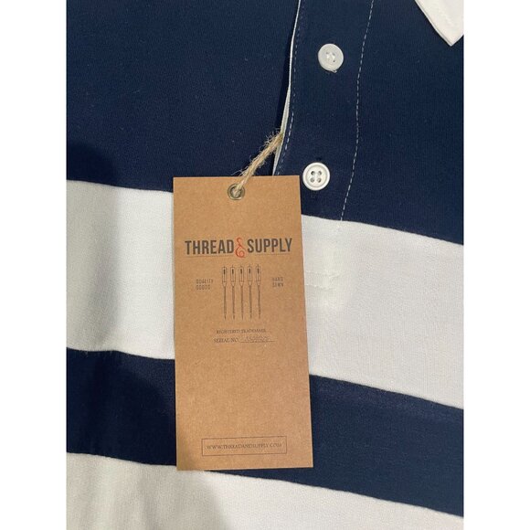 Thread & Supply Navy & Cream Striped Collared Long-Sleeve Polo Shirt X-Large - Picture 6 of 12